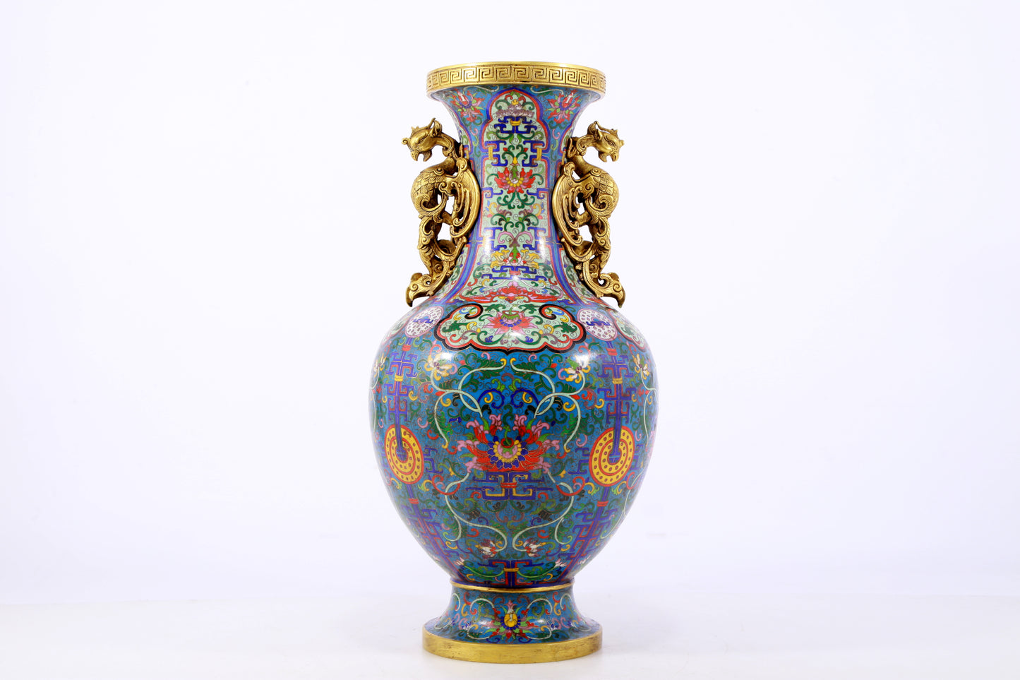 An exquisite cloisonné vase with lotus pattern and phoenix ears