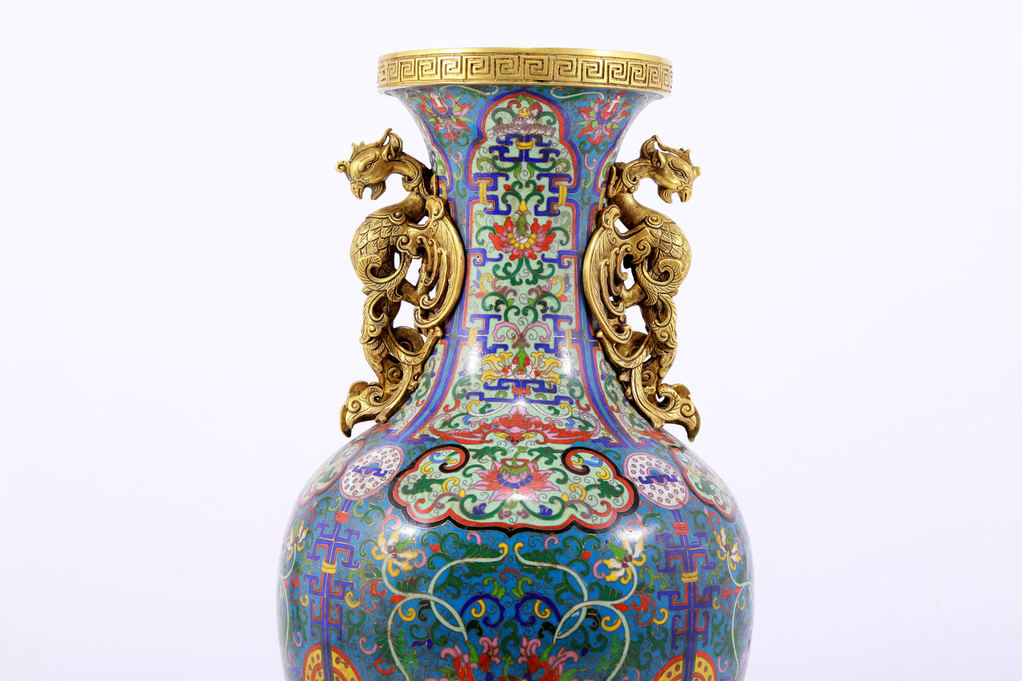 An exquisite cloisonné vase with lotus pattern and phoenix ears