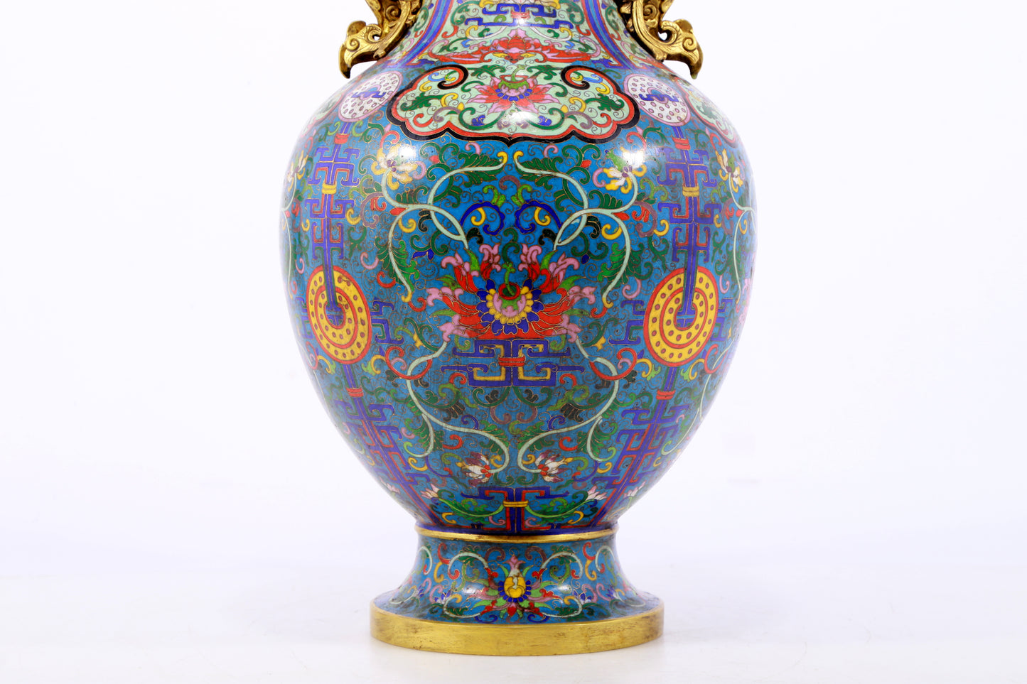 An exquisite cloisonné vase with lotus pattern and phoenix ears