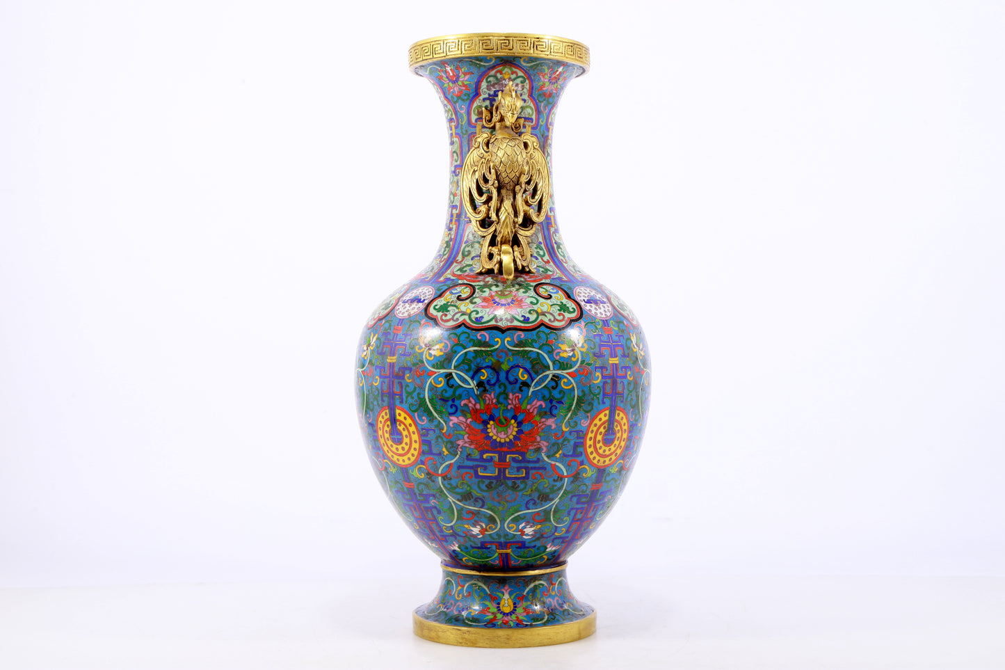 An exquisite cloisonné vase with lotus pattern and phoenix ears