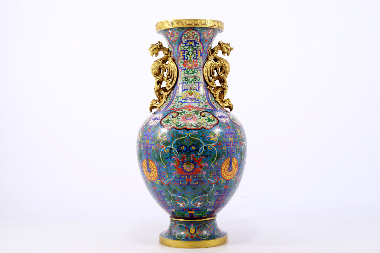 An exquisite cloisonné vase with lotus pattern and phoenix ears