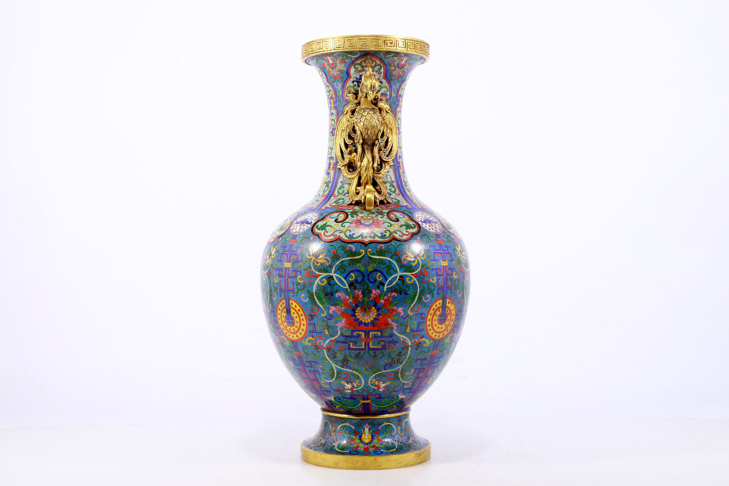 An exquisite cloisonné vase with lotus pattern and phoenix ears