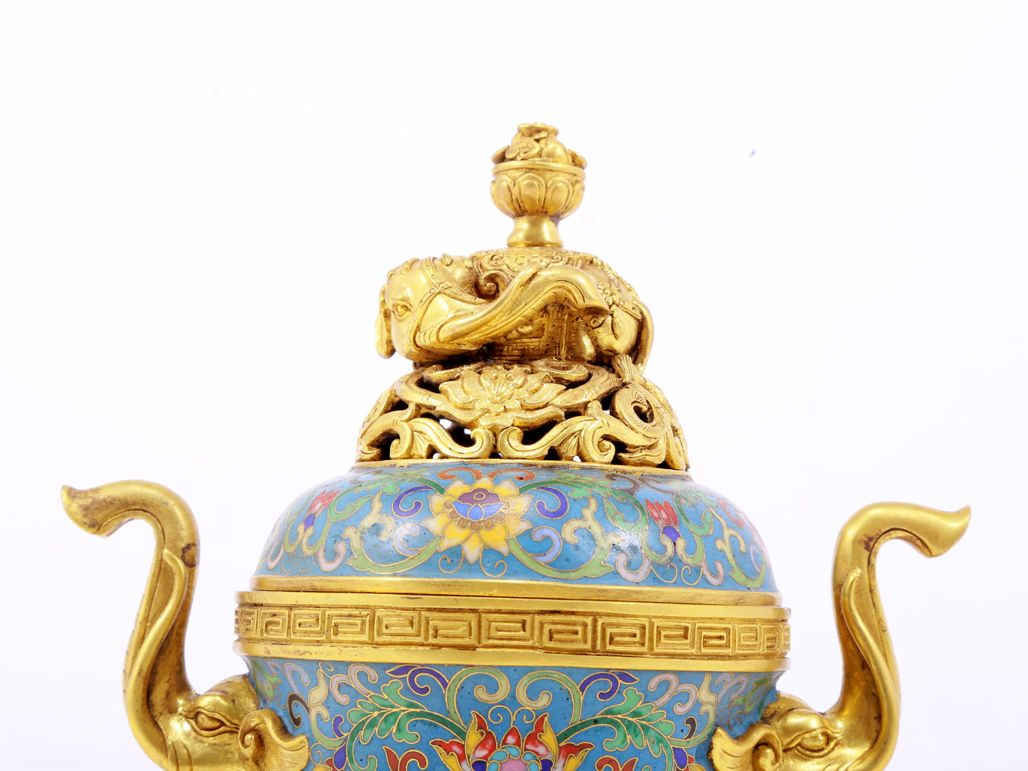 A perfect cloisonné elephant ear tripod censer with lid