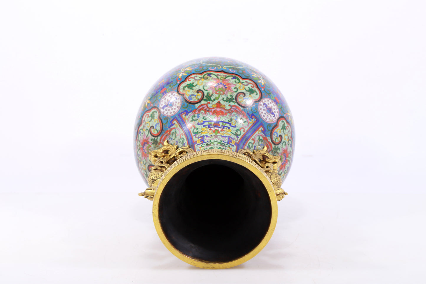 An exquisite cloisonné vase with lotus pattern and phoenix ears