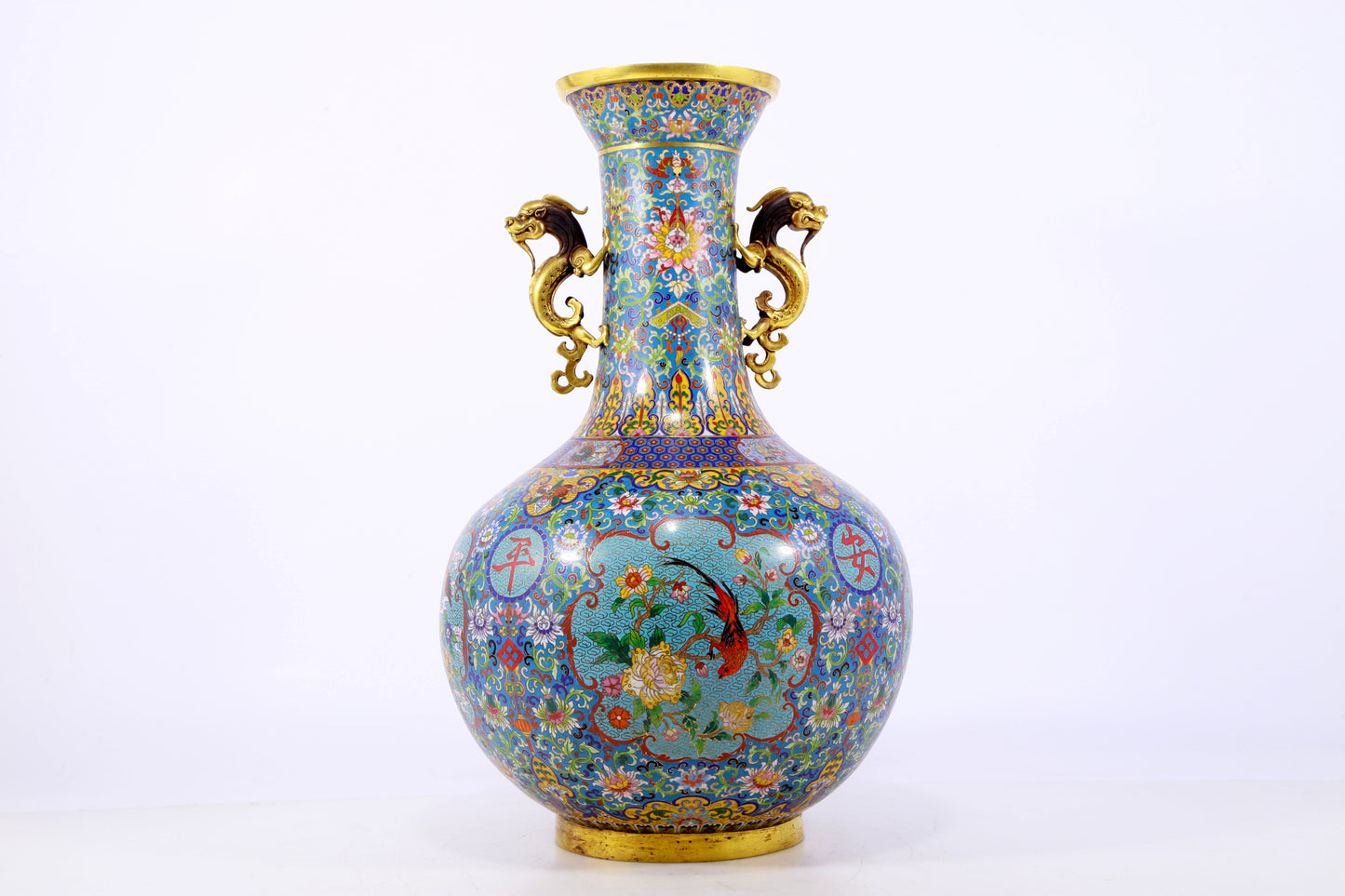 An exquisite cloisonne flower and bird pattern dragon ear vase