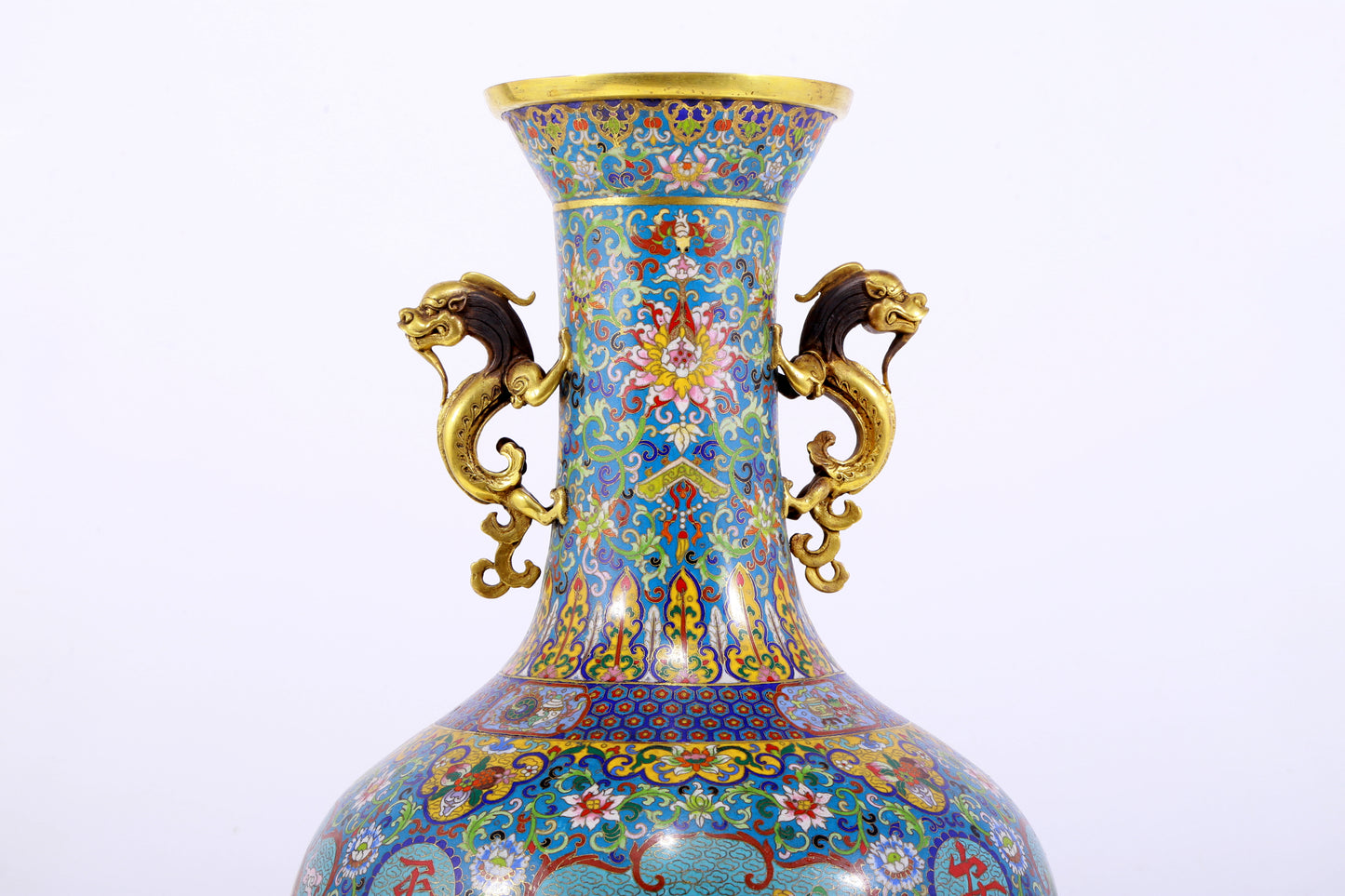 An exquisite cloisonne flower and bird pattern dragon ear vase