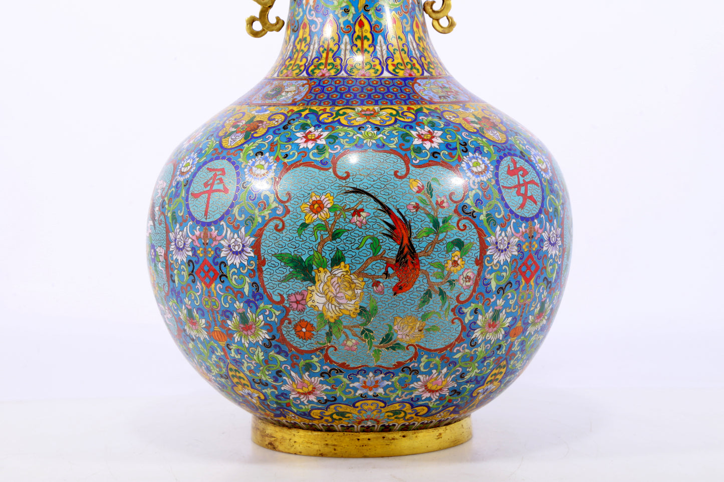 An exquisite cloisonne flower and bird pattern dragon ear vase