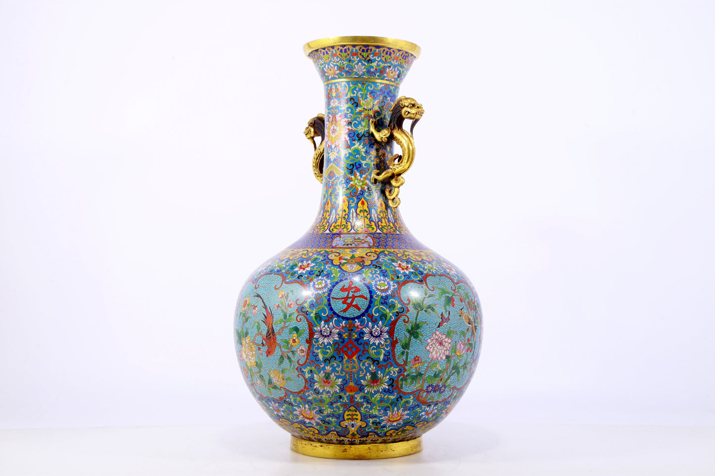 An exquisite cloisonne flower and bird pattern dragon ear vase