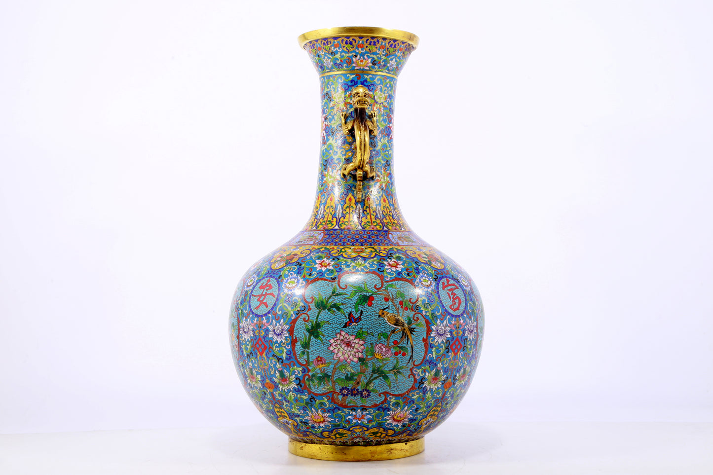 An exquisite cloisonne flower and bird pattern dragon ear vase