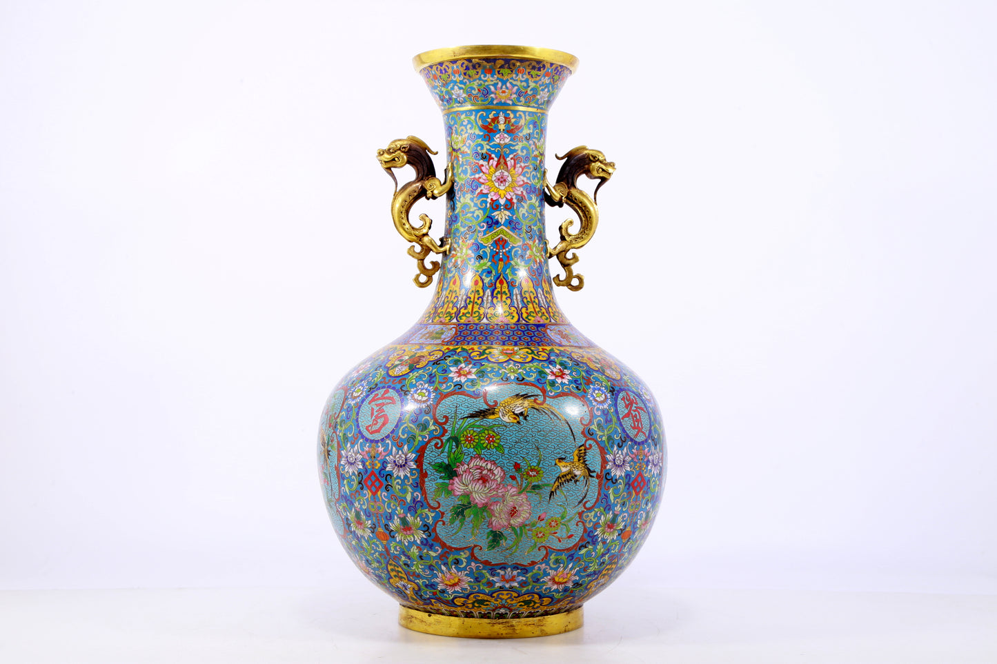 An exquisite cloisonne flower and bird pattern dragon ear vase