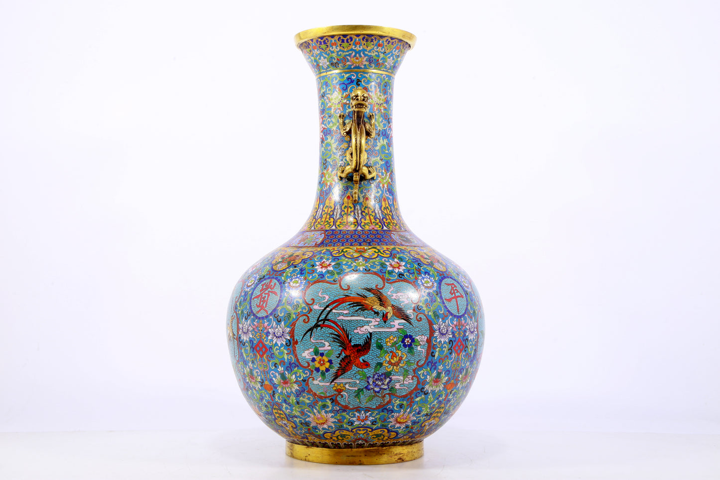 An exquisite cloisonne flower and bird pattern dragon ear vase