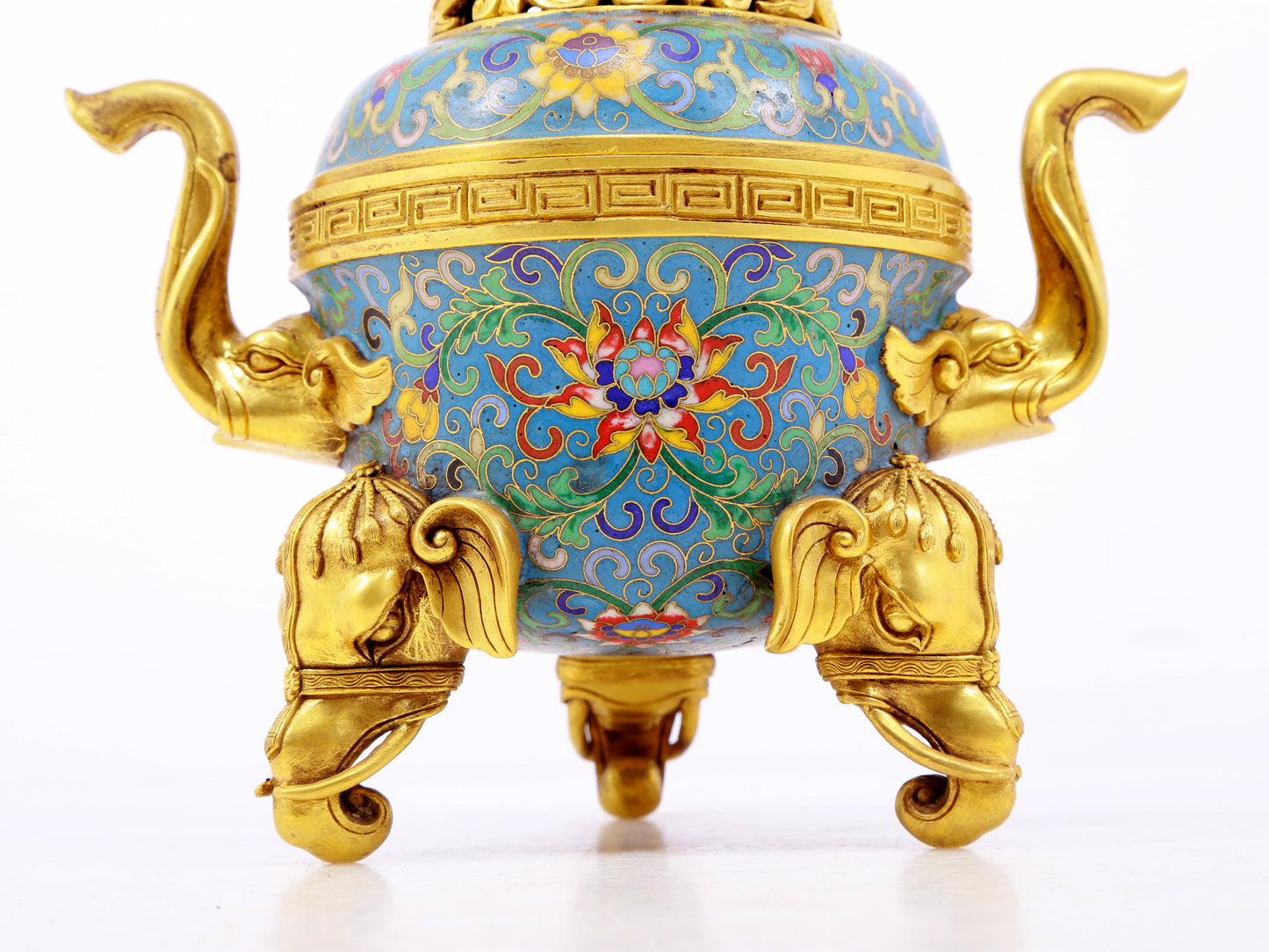 A perfect cloisonné elephant ear tripod censer with lid