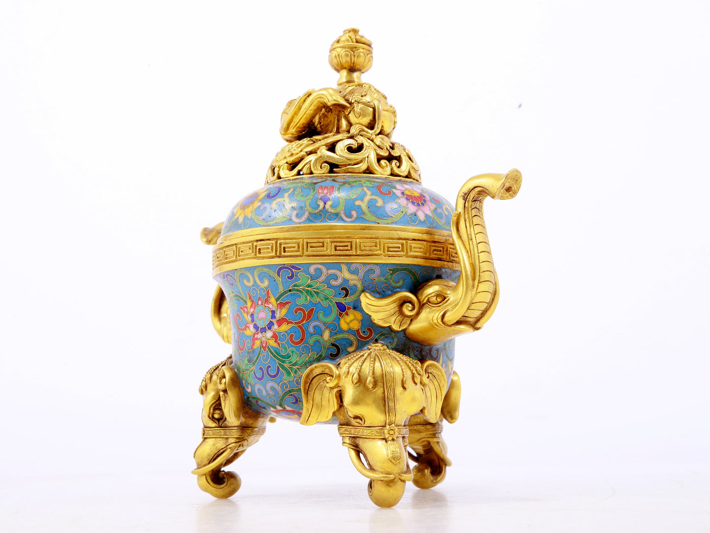 A perfect cloisonné elephant ear tripod censer with lid