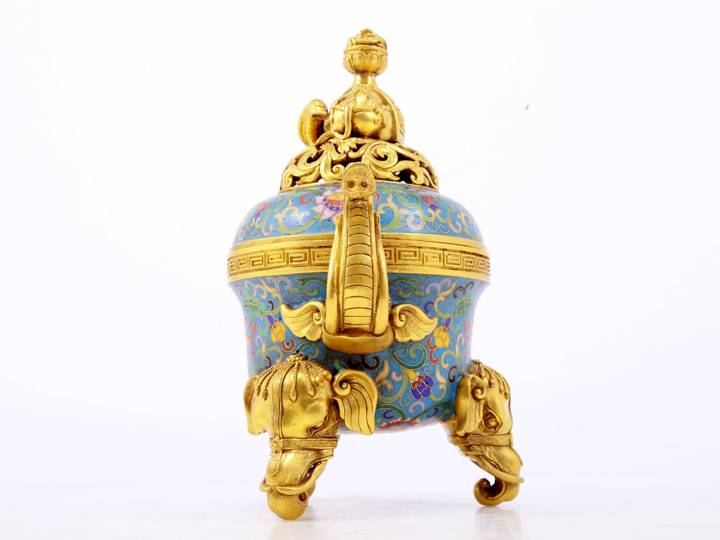 A perfect cloisonné elephant ear tripod censer with lid