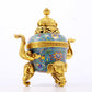 A perfect cloisonné elephant ear tripod censer with lid