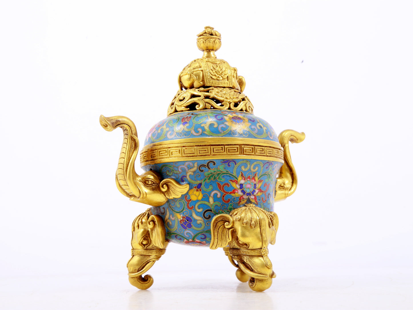 A perfect cloisonné elephant ear tripod censer with lid