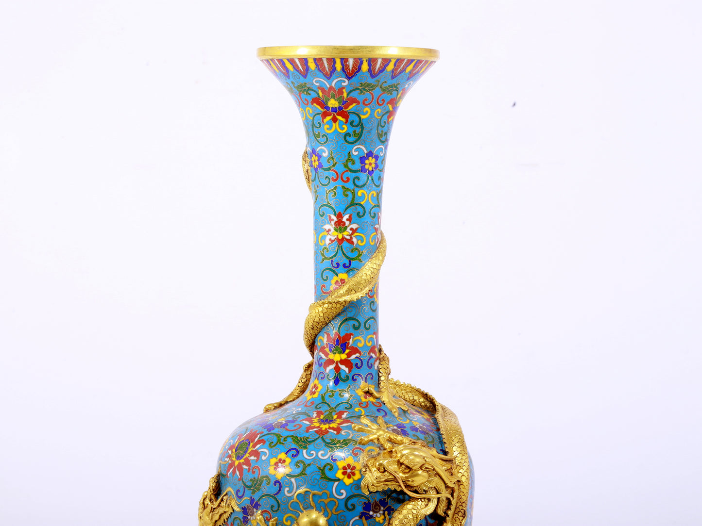 pair of stunning cloisonné vases with 'tangled lotus and dragon' patterns