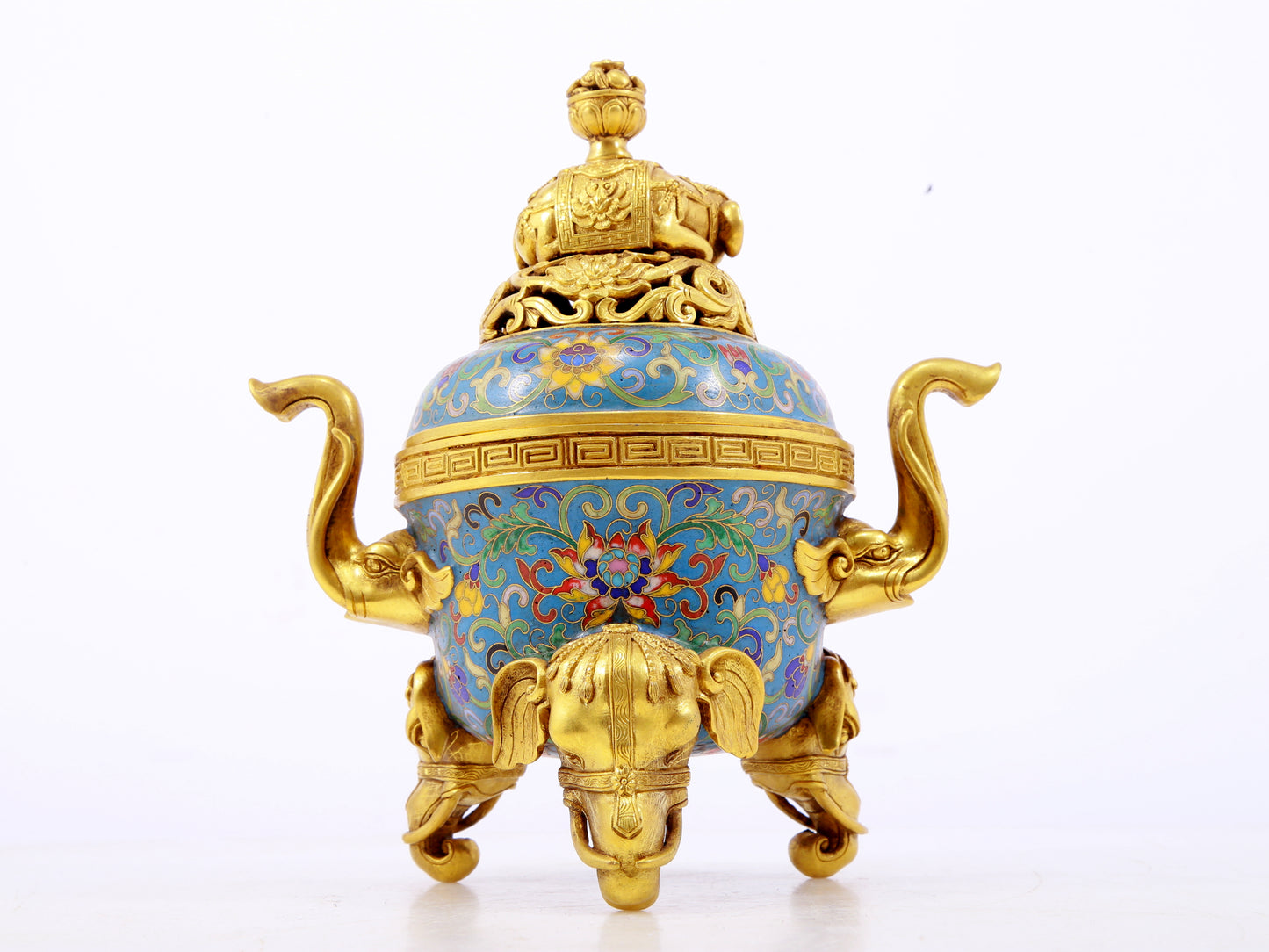 A perfect cloisonné elephant ear tripod censer with lid