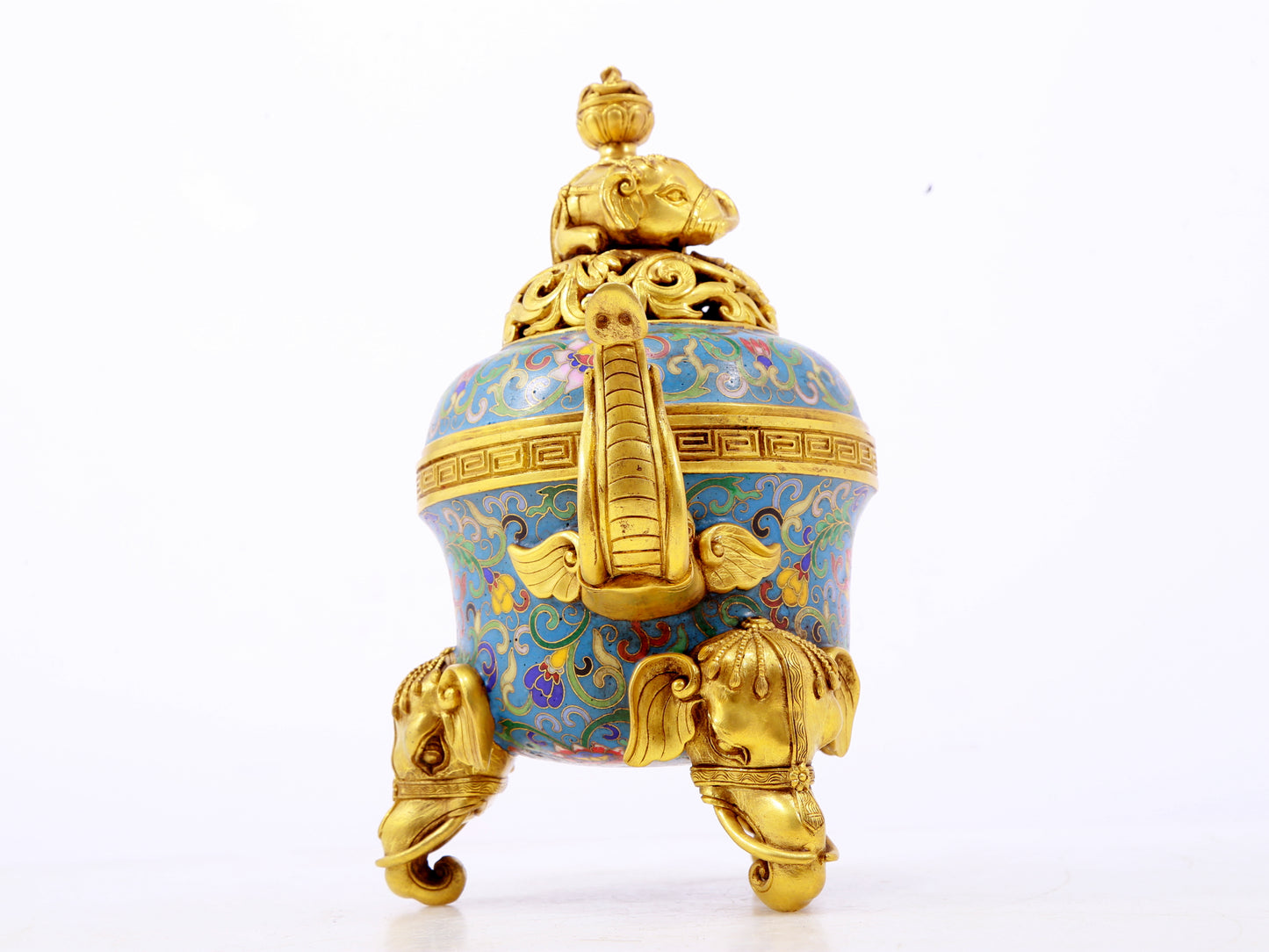 A perfect cloisonné elephant ear tripod censer with lid