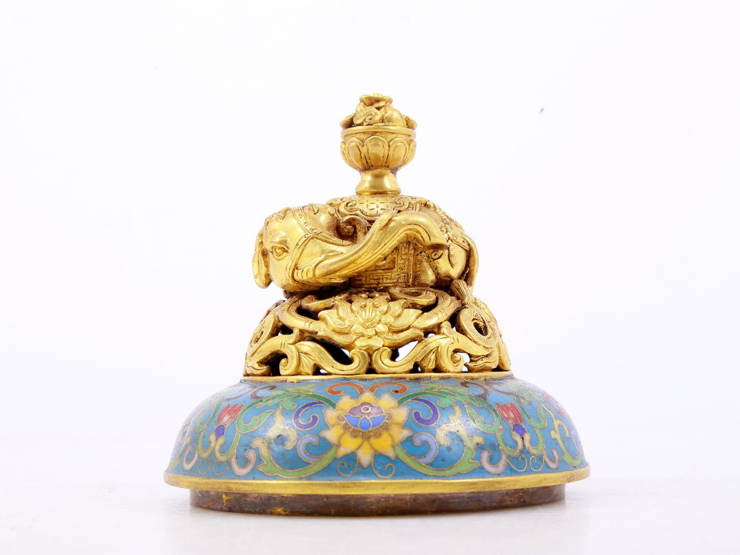 A perfect cloisonné elephant ear tripod censer with lid