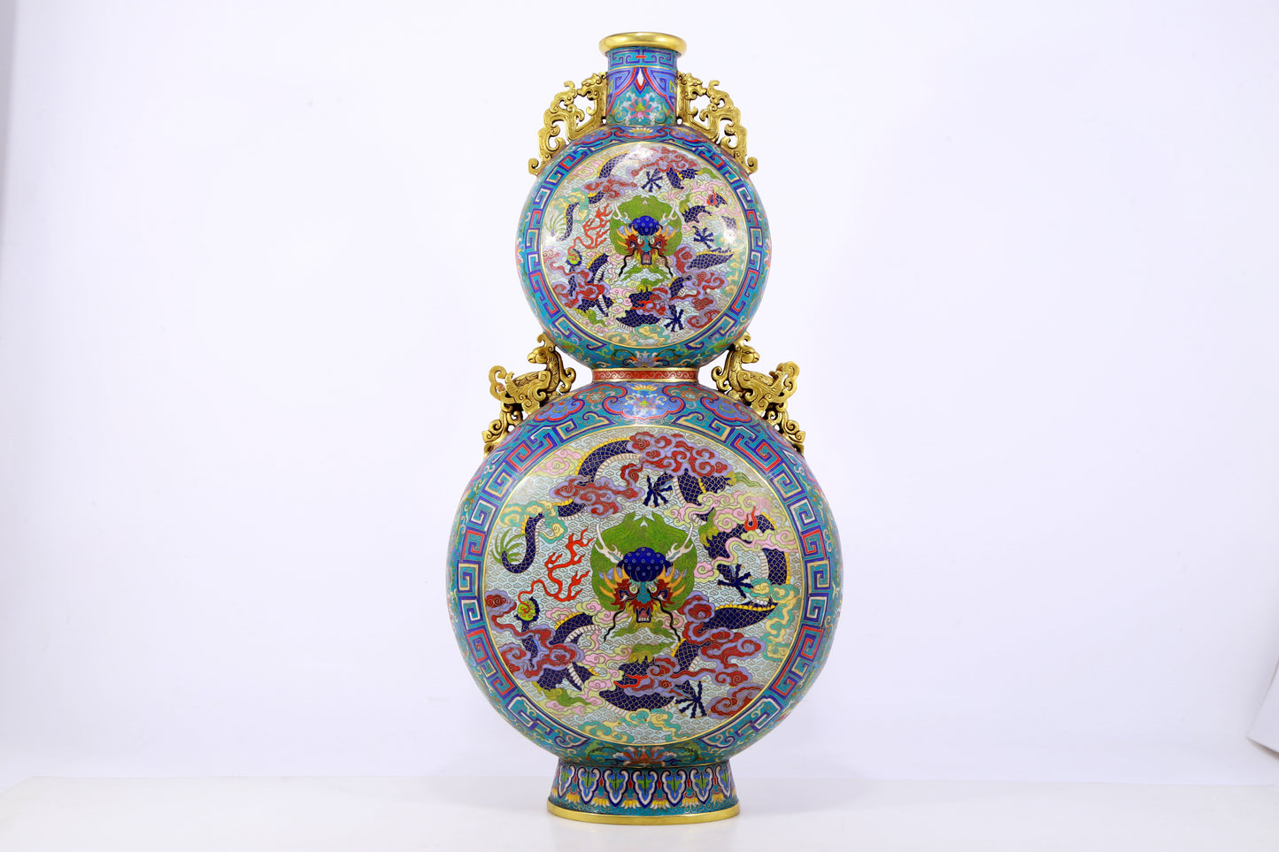 An exquisite cloisonne 'auspicious clouds and dragon' pattern gourd-shaped amphorae