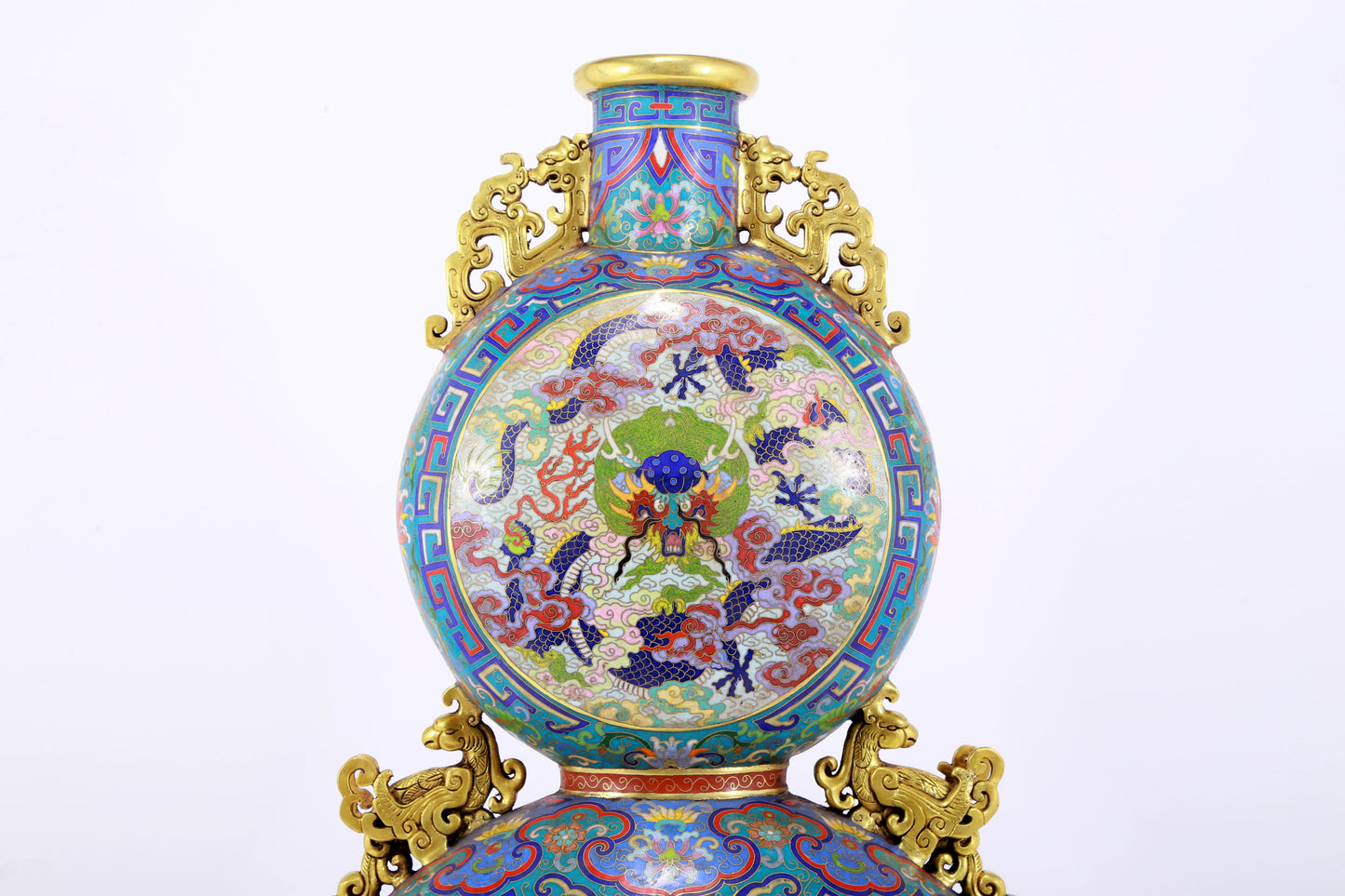 An exquisite cloisonne 'auspicious clouds and dragon' pattern gourd-shaped amphorae