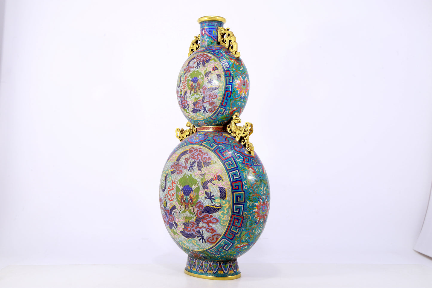 An exquisite cloisonne 'auspicious clouds and dragon' pattern gourd-shaped amphorae