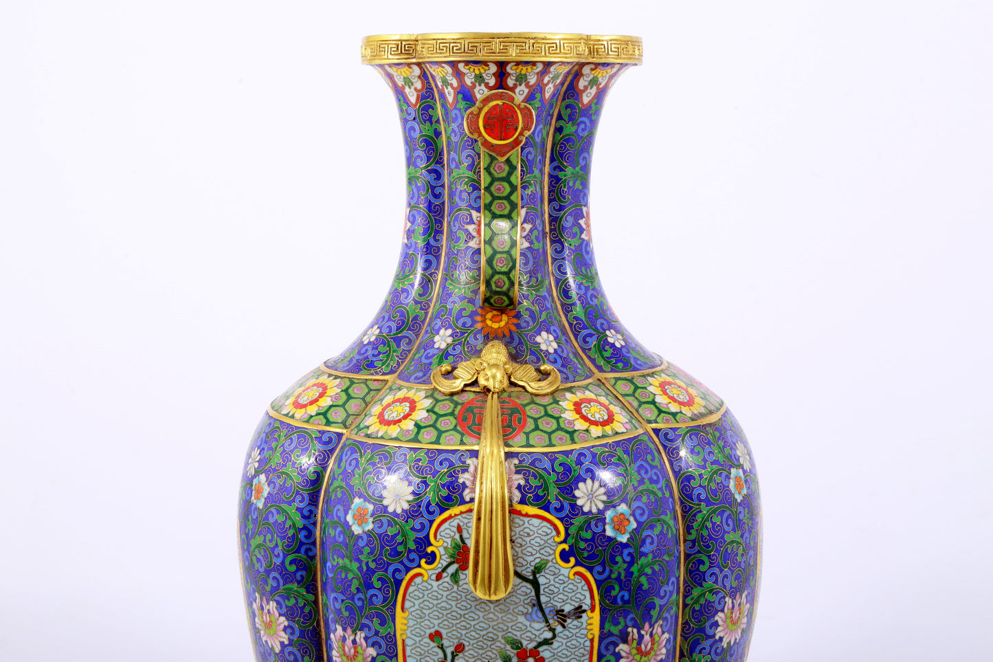 A stunning cloisonné vase with flower and bird patterns