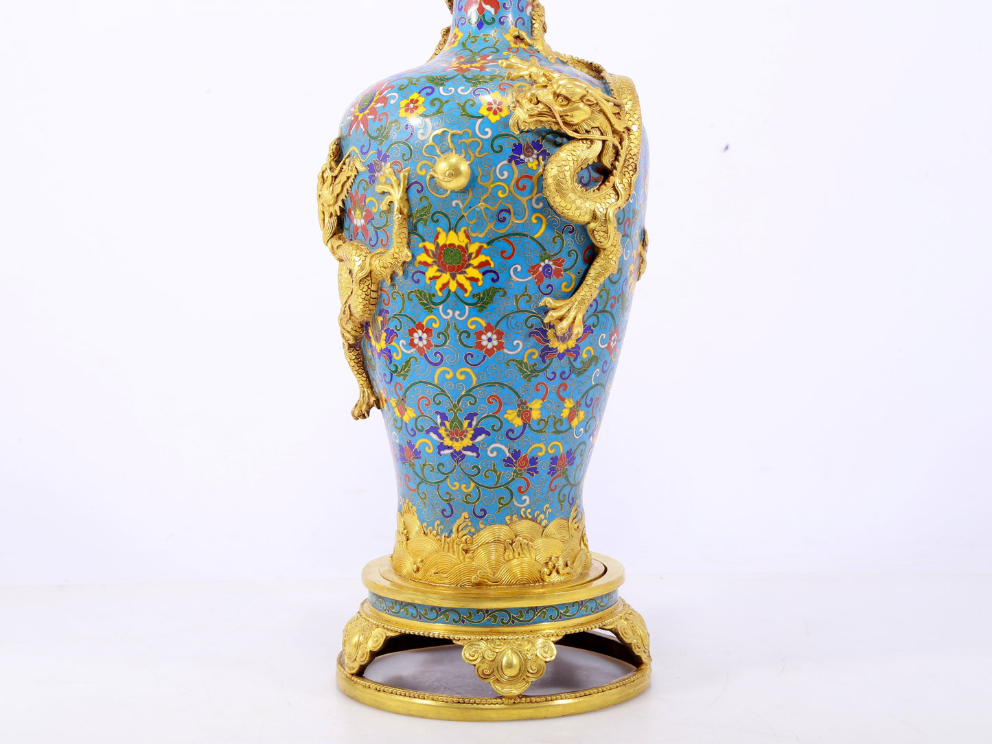 pair of stunning cloisonné vases with 'tangled lotus and dragon' patterns