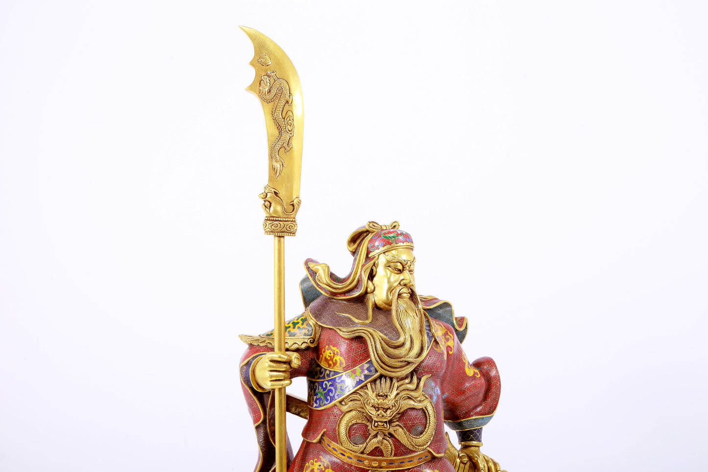 A majestic cloisonné statue of Guan Gong