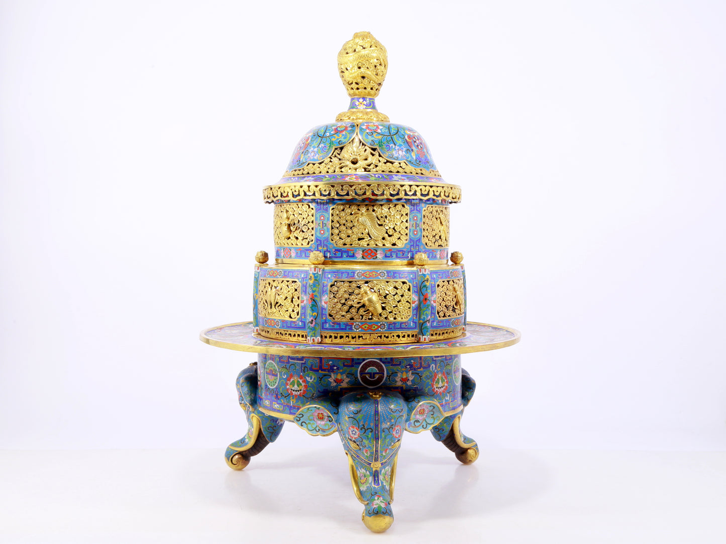 A perfect cloisonné 'Lotus and Eight dharma-vessel' pattern tripod censer