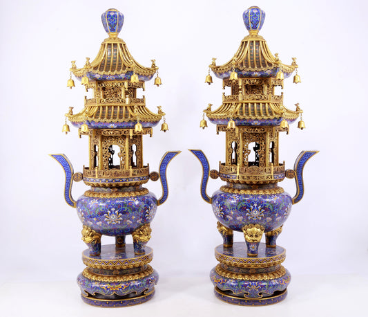 A stunning pair of cloisonné double-eared and tripod censers with twining lotus patterns