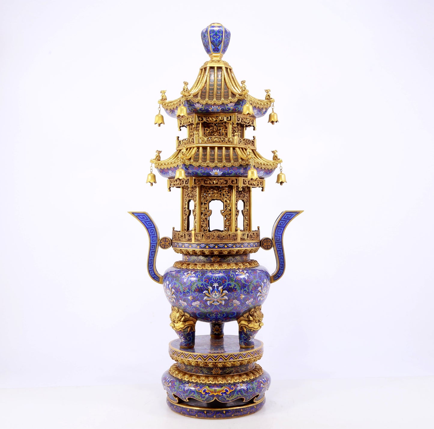 A stunning pair of cloisonné double-eared and tripod censers with twining lotus patterns