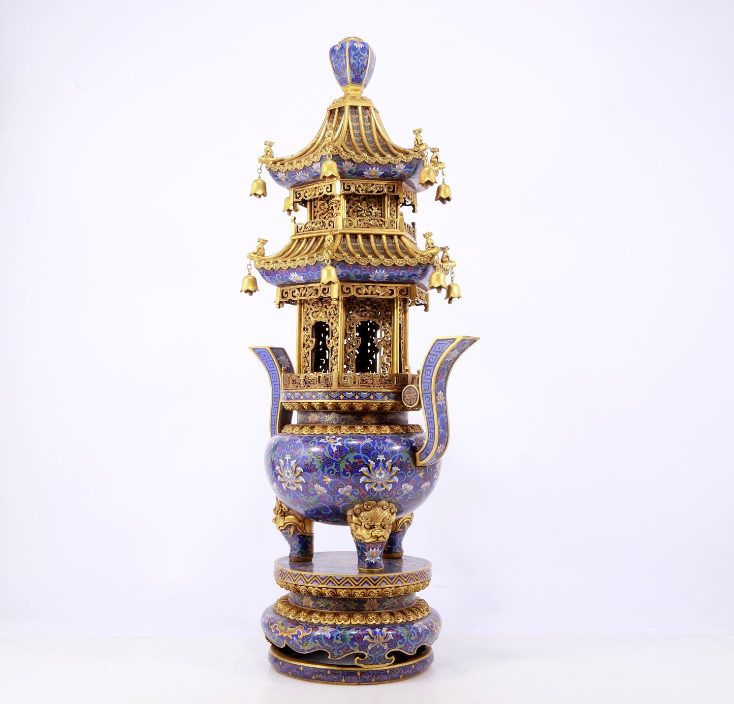 A stunning pair of cloisonné double-eared and tripod censers with twining lotus patterns