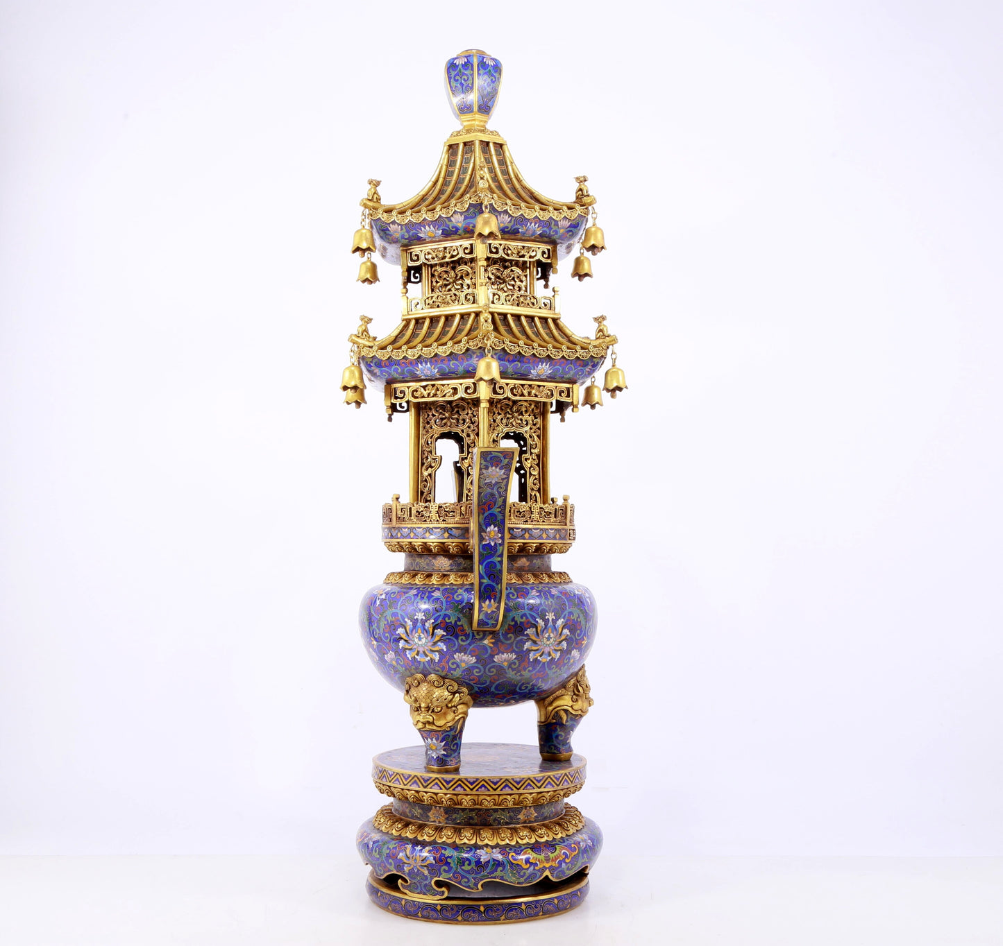 A stunning pair of cloisonné double-eared and tripod censers with twining lotus patterns