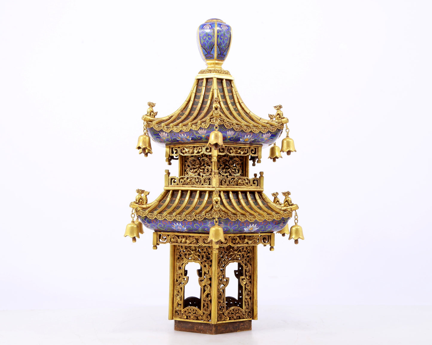 A stunning pair of cloisonné double-eared and tripod censers with twining lotus patterns