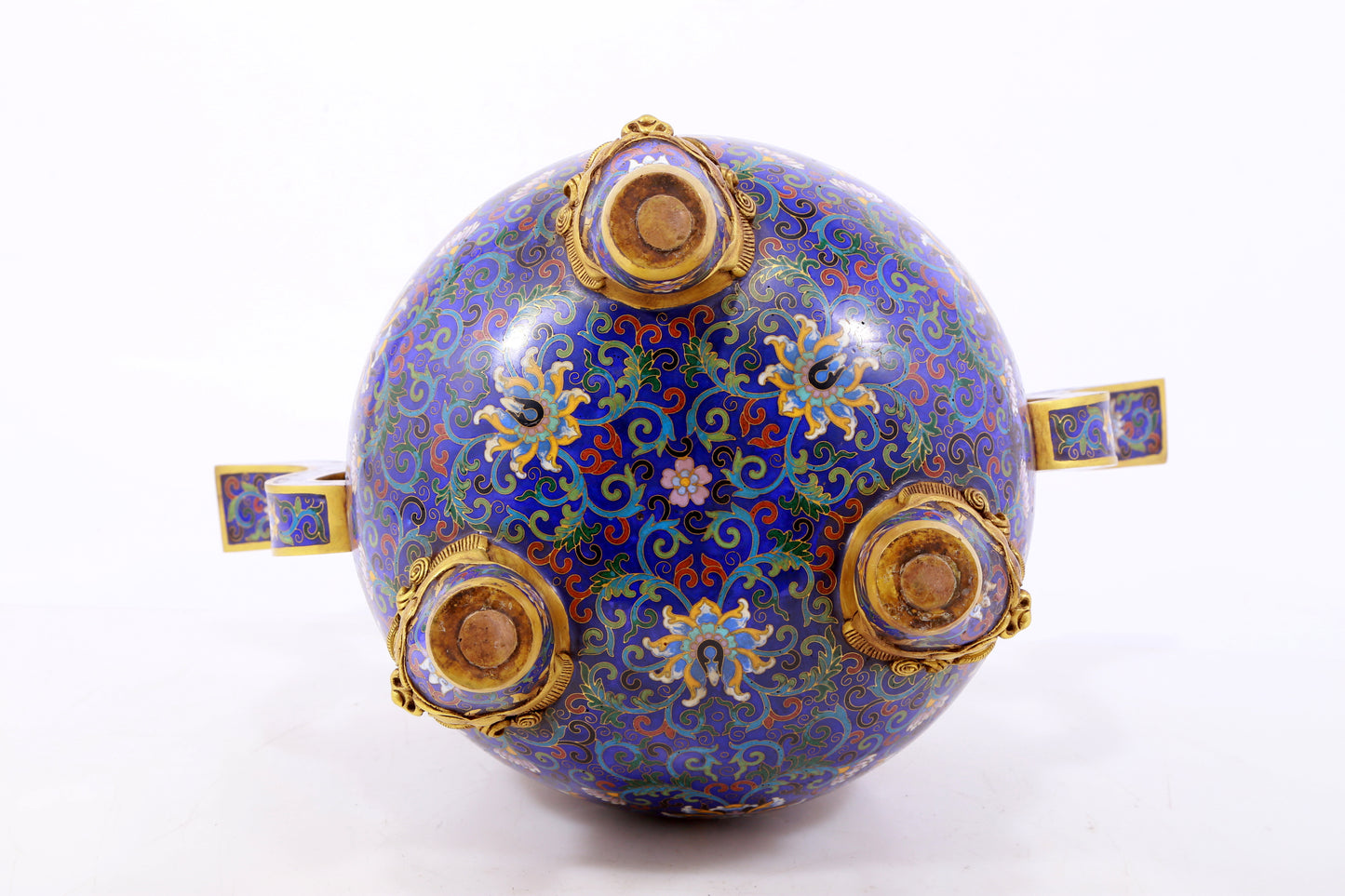 A stunning pair of cloisonné double-eared and tripod censers with twining lotus patterns