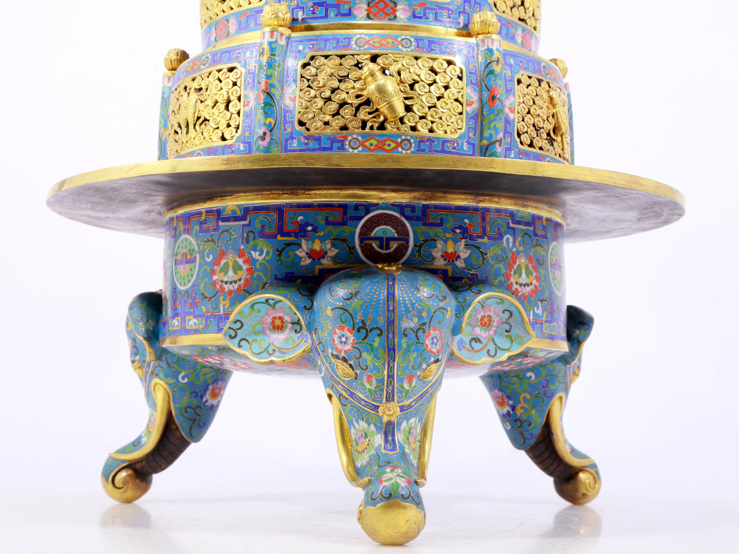 A perfect cloisonné 'Lotus and Eight dharma-vessel' pattern tripod censer