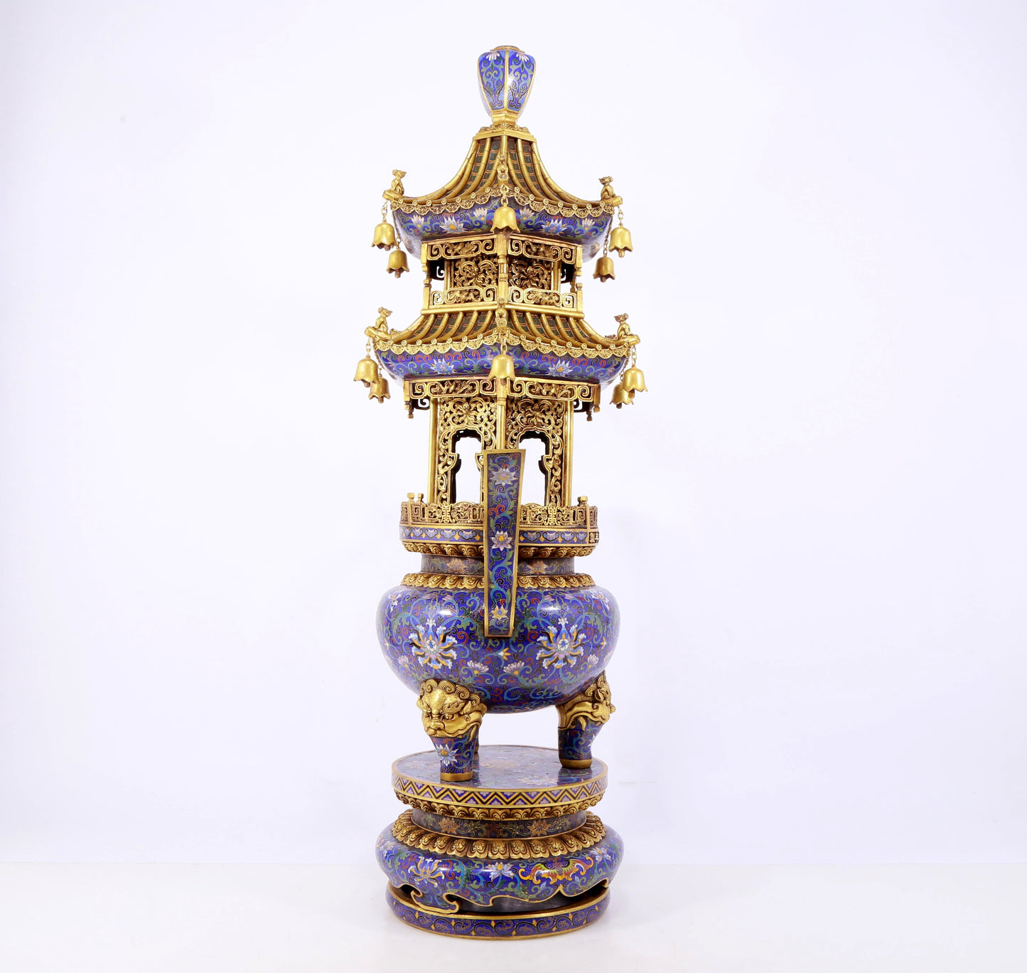 A stunning pair of cloisonné double-eared and tripod censers with twining lotus patterns