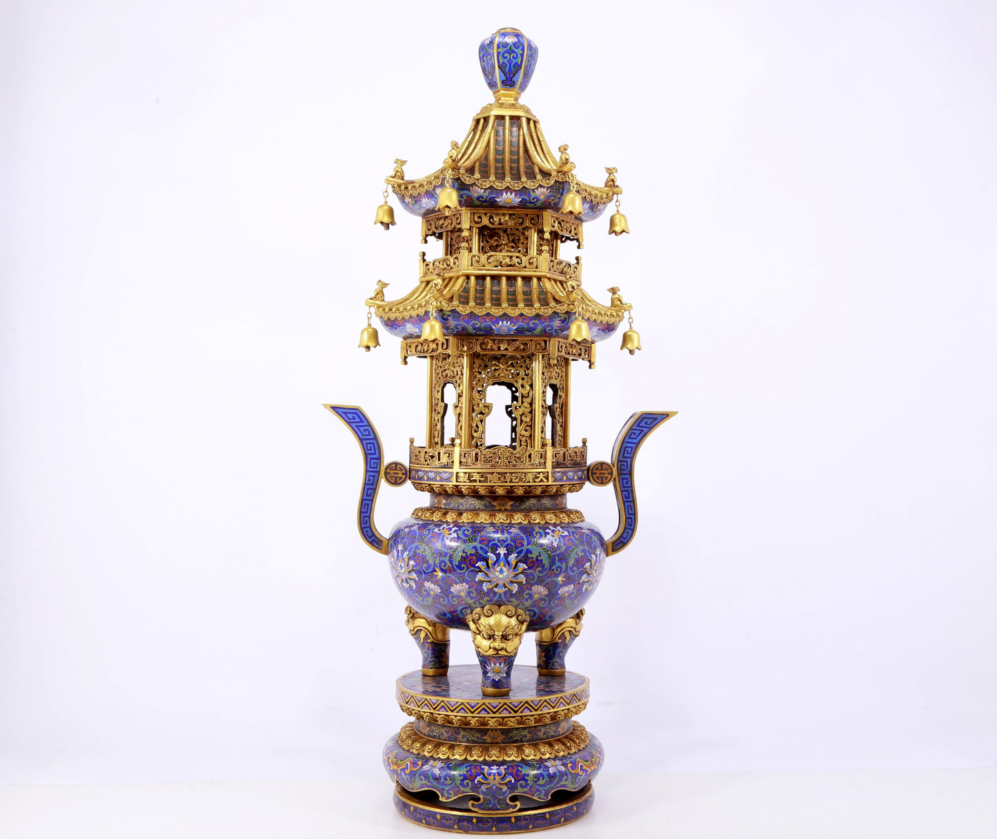 A stunning pair of cloisonné double-eared and tripod censers with twining lotus patterns