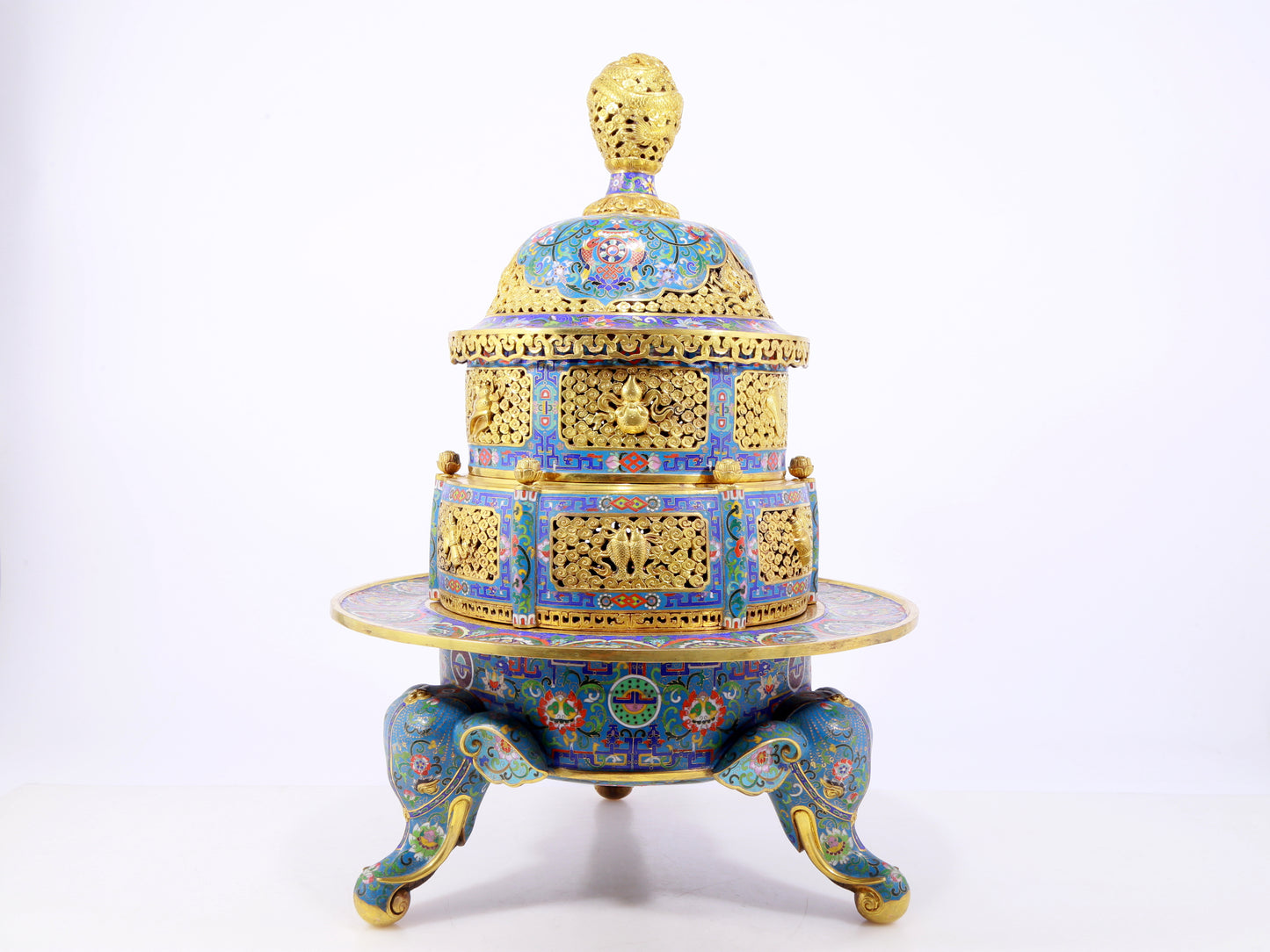 A perfect cloisonné 'Lotus and Eight dharma-vessel' pattern tripod censer