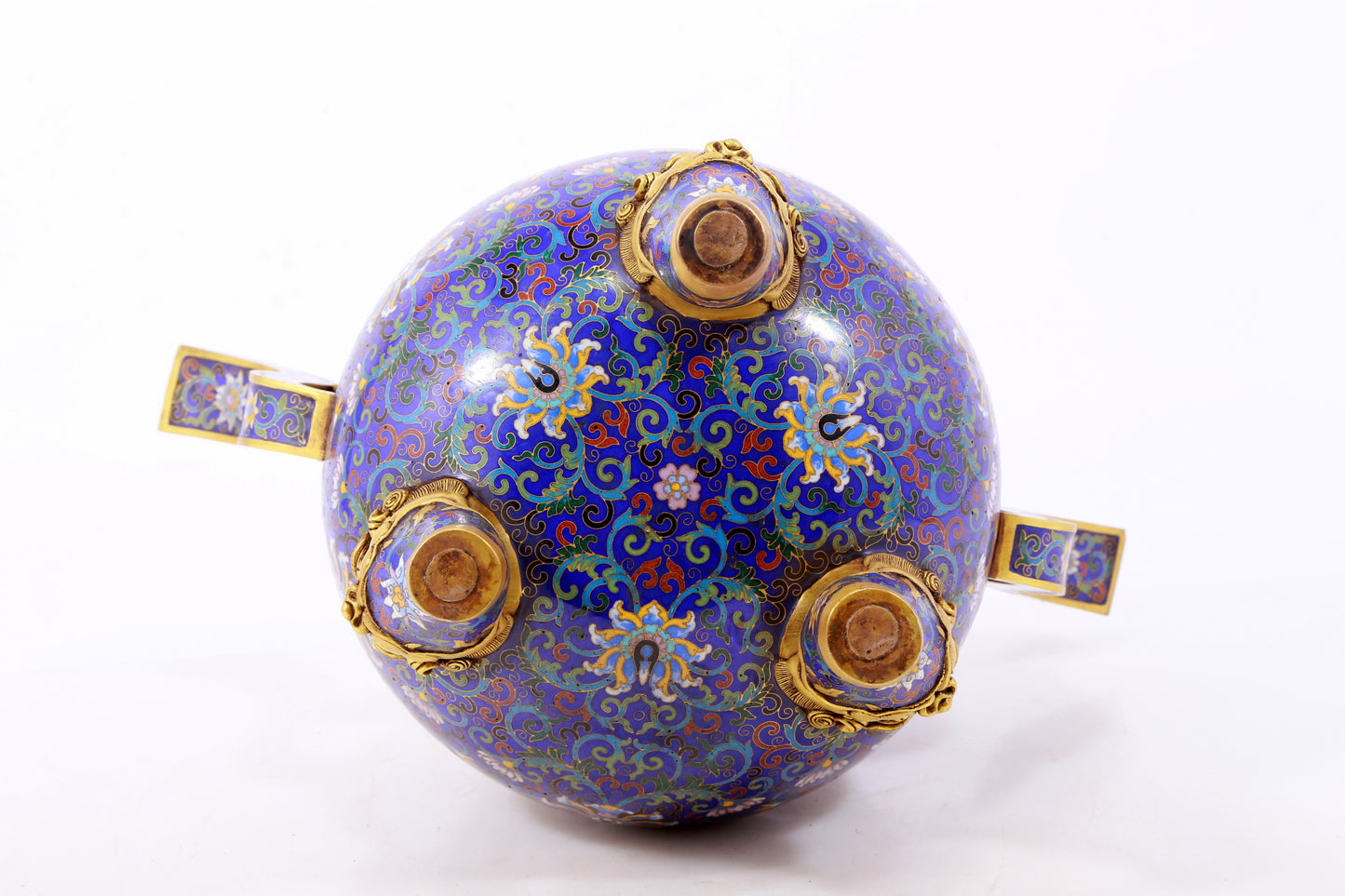 A stunning pair of cloisonné double-eared and tripod censers with twining lotus patterns