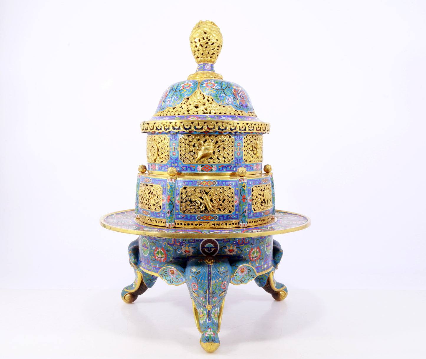 A perfect cloisonné 'Lotus and Eight dharma-vessel' pattern tripod censer