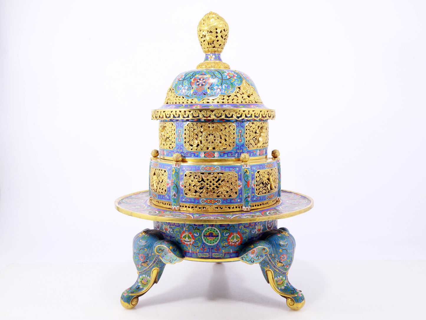 A perfect cloisonné 'Lotus and Eight dharma-vessel' pattern tripod censer