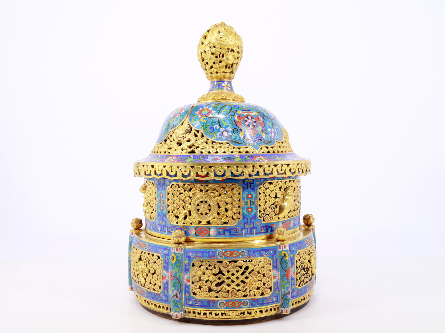 A perfect cloisonné 'Lotus and Eight dharma-vessel' pattern tripod censer