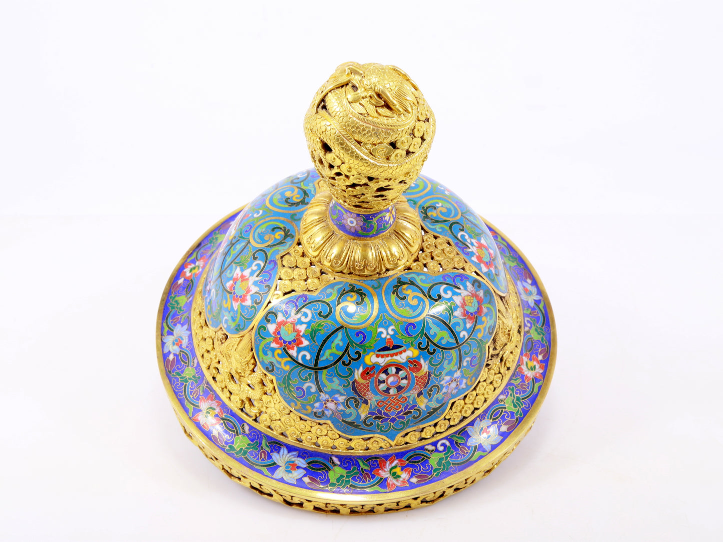 A perfect cloisonné 'Lotus and Eight dharma-vessel' pattern tripod censer