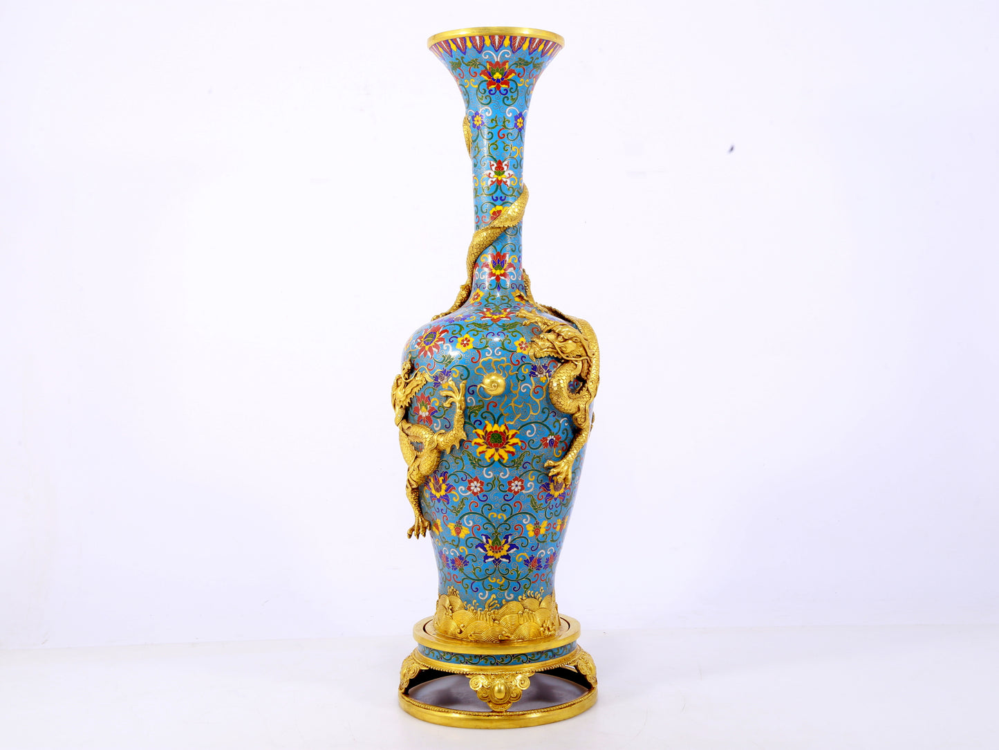 pair of stunning cloisonné vases with 'tangled lotus and dragon' patterns