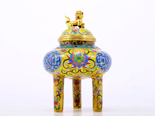 A fine cloisonné 'Lotus and dragon' tripod censer with lid