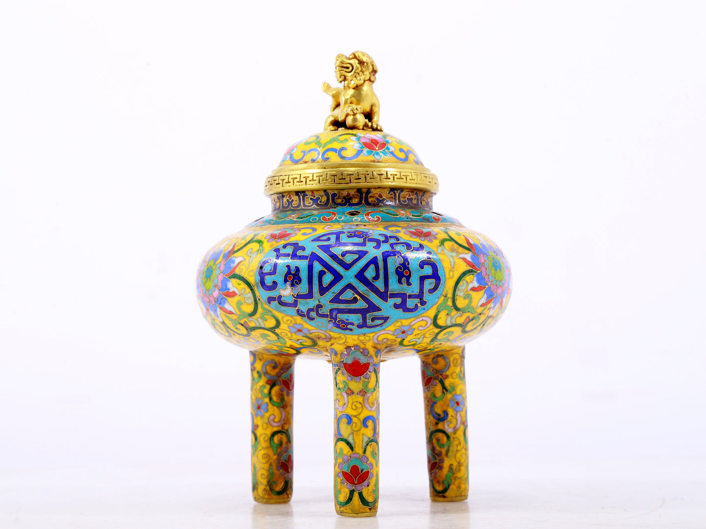 A fine cloisonné 'Lotus and dragon' tripod censer with lid