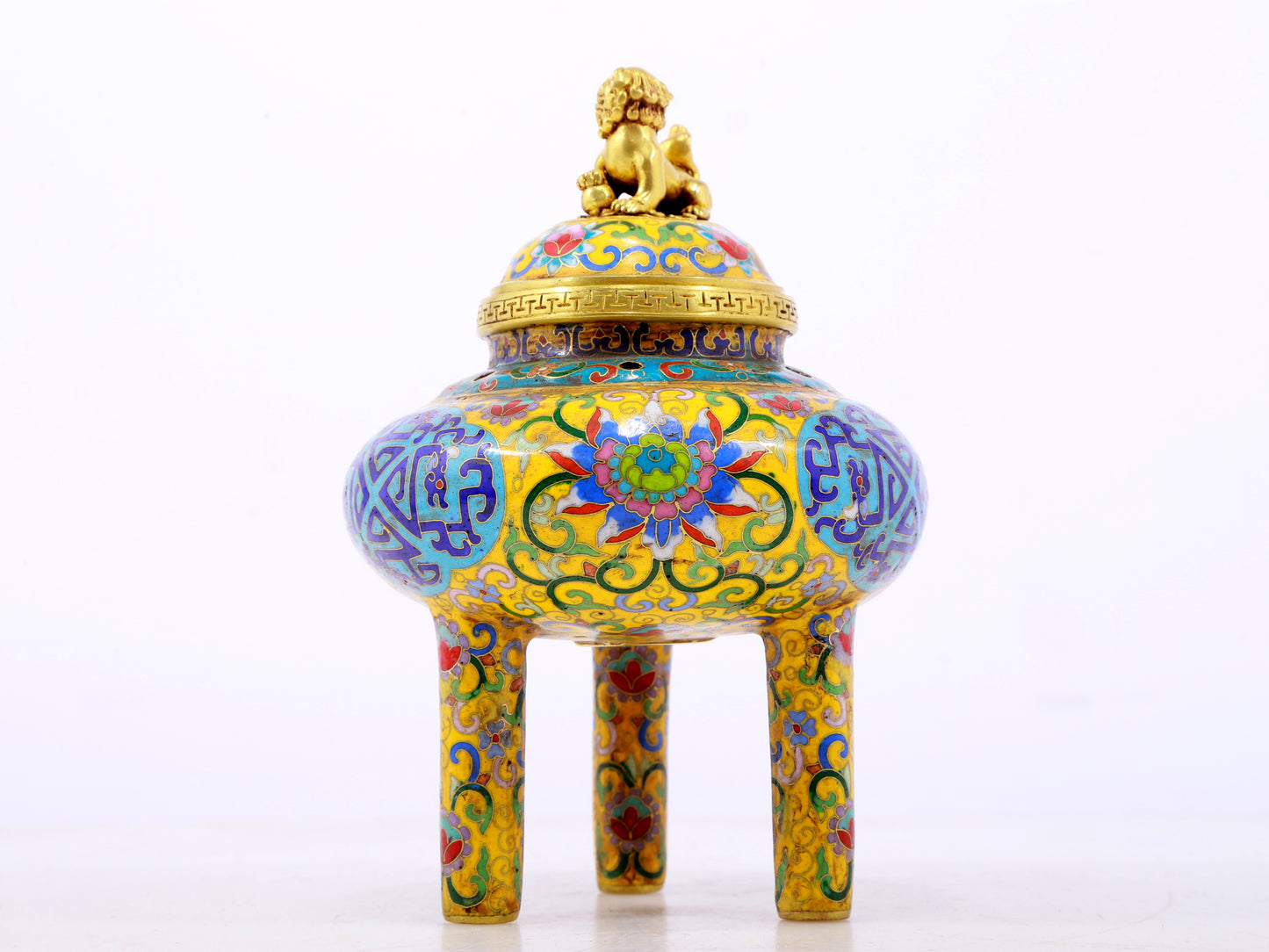 A fine cloisonné 'Lotus and dragon' tripod censer with lid